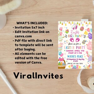 May include: A vibrant Easter party invitation featuring Easter eggs, bunnies, and floral designs. The invitation measures 12.7 x 17.8 cm and includes the text "Easter Egg Hunt" and party details. The text "ViralInvites" is at the bottom.