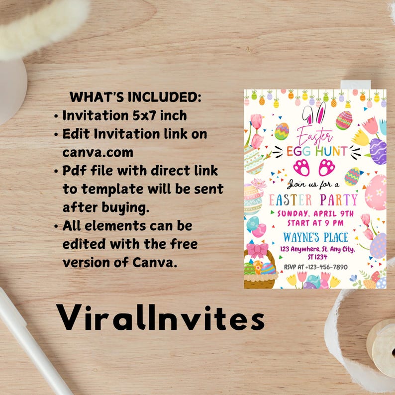 May include: A vibrant Easter party invitation featuring Easter eggs, bunnies, and floral designs. The invitation measures 12.7 x 17.8 cm and includes the text "Easter Egg Hunt" and party details. The text "ViralInvites" is at the bottom.