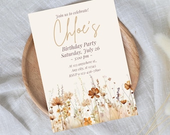 Invitación de cumpleaños con flores silvestres: Fiesta floral en el jardín, plantilla editable de Canva (descarga digital)