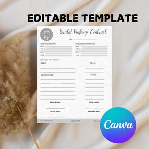 Beauty makeup Contract Template, Makeup Artist Contract, Makeup Contract Agreement, Bridal Makeup Contract, Makeup Service, CANVA TEMPLATE