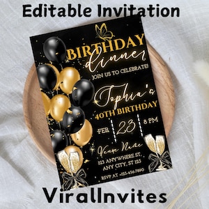 Convite de aniversário, modelo de convite para jantar de aniversário editável, convite black tie glam, convite para impressão de balões pretos dourados para homens e mulheres