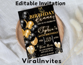Black Tie Birthday Dinner Invitation: Golden Balloons (Editable Template)
