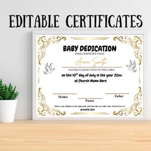 Certificado de Dedicación de Bebé, Certificado de Bautismo, Regalo de Dedicación de Bebé, Plantilla de Canva para Certificado de Dedicación de Niño, Plantilla Editable