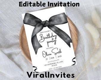Black Bow Birthday Invitation Template: Minimalist Coquette Invite (Digital Download)