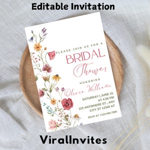 Wildflower Bridal Shower Invitation Template, Bridal Shower Invite, Vintage Pastel Spring Floral Bridal Brunch Invite Editable Printable