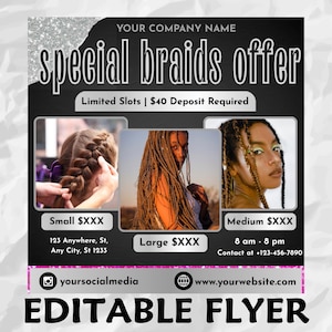 Braid Flyer, Braid Salon Flyer, knotenlose Zöpfe Specials, Braider Buchungsflyer, Braid Specials Salon, Hair Braid Flyer, Social Media Flyer