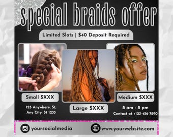 Braid Salon Flyer: Knotenlose Zöpfe Specials, bearbeitbare Canva-Vorlage (Digitaler Download)