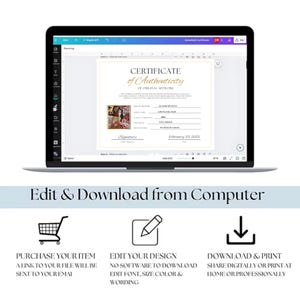 Puede incluir: Una computadora port&aacute;til muestra una plantilla de Certificado de Autenticidad. El certificado tiene detalles dorados e incluye espacio para una firma y fecha. Debajo, iconos y texto: "Edit & Download from Computer."