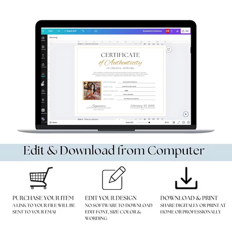 Puede incluir: Una computadora port&aacute;til muestra una plantilla de Certificado de Autenticidad. El certificado tiene detalles dorados e incluye espacio para una firma y fecha. Debajo, iconos y texto: "Edit & Download from Computer."