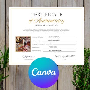 Puede incluir: Un certificado de autenticidad para una obra de arte original. El certificado incluye el t&iacute;tulo "COLOR NATIVE PEOPLE", el nombre del artista "JUAN FELIX DEL PILAR" y unas dimensiones de 28 cm x 22 cm. El logotipo de Canva est&aacute; en la parte inferior.