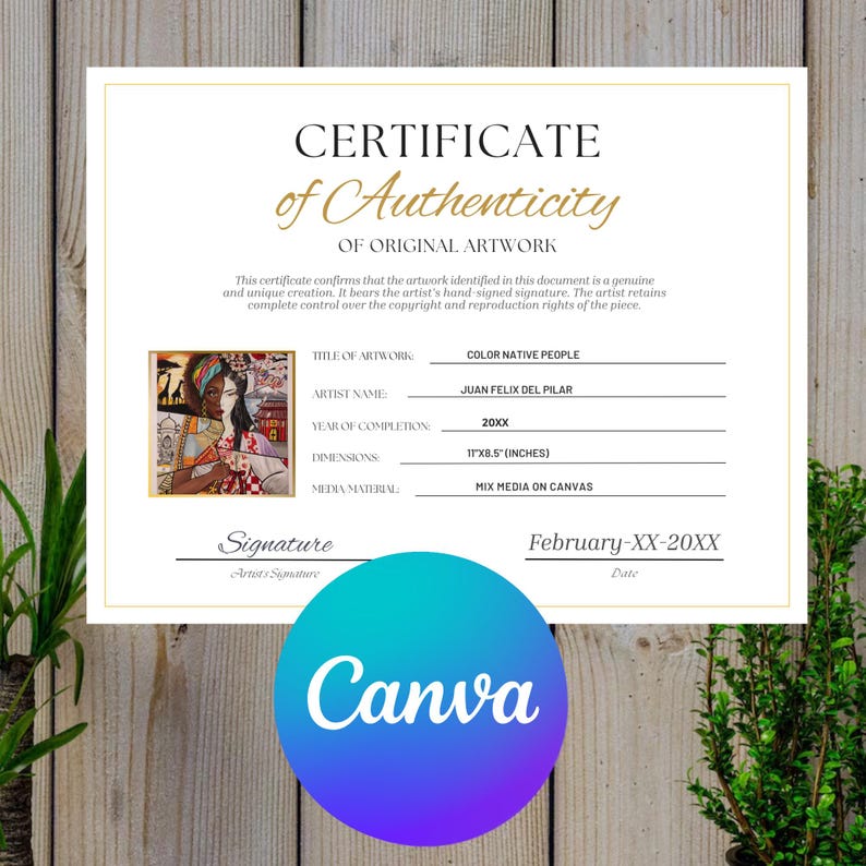 Puede incluir: Un certificado de autenticidad para una obra de arte original. El certificado incluye el t&iacute;tulo "COLOR NATIVE PEOPLE", el nombre del artista "JUAN FELIX DEL PILAR" y unas dimensiones de 28 cm x 22 cm. El logotipo de Canva est&aacute; en la parte inferior.