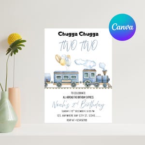 May include: A birthday invitation with a watercolor train design. The text reads "Chugga Chugga TWO TWO" and "Noah's 2nd Birthday". The invitation includes details for the party, such as the date, time, and location.