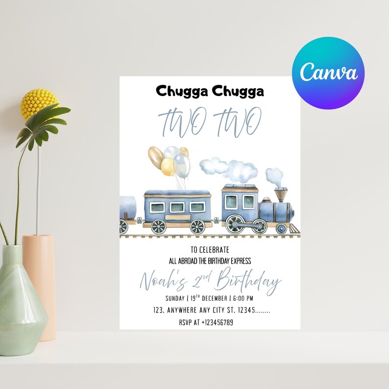 May include: A birthday invitation with a watercolor train design. The text reads "Chugga Chugga TWO TWO" and "Noah's 2nd Birthday". The invitation includes details for the party, such as the date, time, and location.