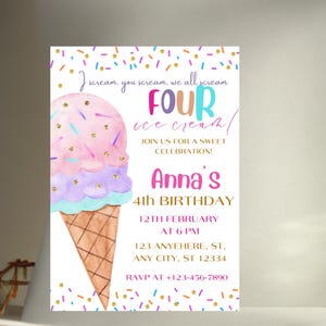 May include: A colorful ice cream-themed birthday invitation. The design features a large ice cream cone with pink, purple, and blue scoops, and a brown cone. The text reads "FOUR ice cream!" and includes party details.