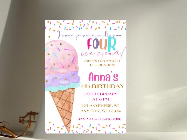 May include: A colorful ice cream-themed birthday invitation. The design features a large ice cream cone with pink, purple, and blue scoops, and a brown cone. The text reads "FOUR ice cream!" and includes party details.
