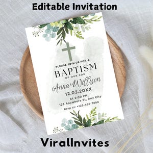 EDITABLE Christening Invitation Template, Greenery Christening Invite, Christening Invite, Digital Baptism Invitation