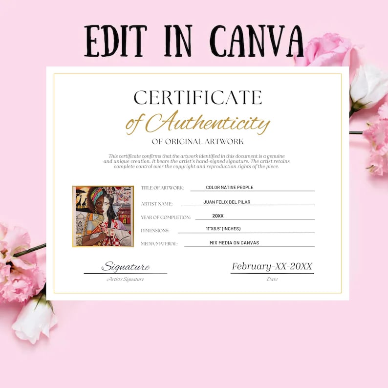 Puede incluir: Certificado de autenticidad para obras de arte originales. El documento incluye el t&iacute;tulo "Color Native People" de Juan Felix Del Pilar, completado en 20XX. Dimensiones 27,9 cm x 21,6 cm sobre lienzo. El certificado est&aacute; firmado y fechado febrero-XX-20XX.