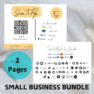 May include: A small business bundle with two pages. One page features a QR code for Scan to Pay, payment options, and social media icons. The other page includes social media icons. The text "Small Business Bundle" is at the bottom.