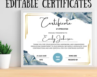 Editable Appreciation Certificate Template: Printable Recognition Award (Canva Template)