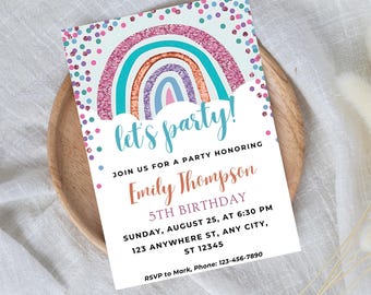 Rainbow Birthday Invitation: Editable Girl's Party Invite (Digital Download)