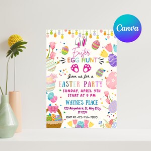 May include: A vibrant Easter party invitation featuring Easter eggs, tulips, and a basket illustration. The invitation includes the text "Easter Egg Hunt" and "Easter Party" with event details. The Canva logo is in the upper right corner.