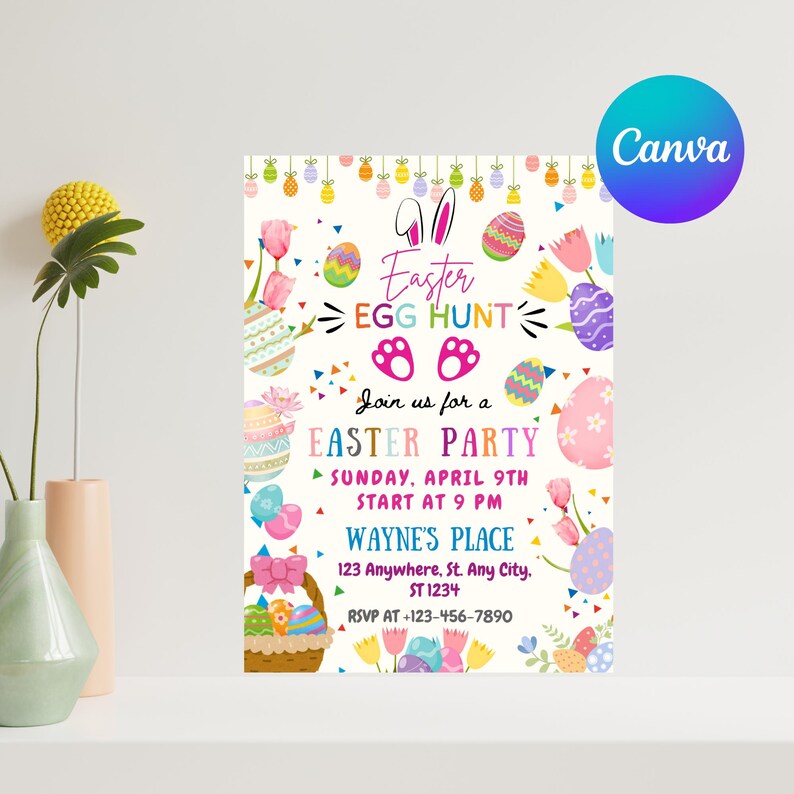 May include: A vibrant Easter party invitation featuring Easter eggs, tulips, and a basket illustration. The invitation includes the text "Easter Egg Hunt" and "Easter Party" with event details. The Canva logo is in the upper right corner.