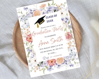 Wildflower Graduation Invitation Template: Pink Floral Design (Digital Download, Editable in Canva/Photoshop)