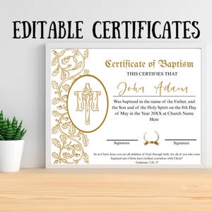 Plantilla de certificado de bautismo editable, certificado de bautismo imprimible, certificados de bautismo de bebé personalizados, plantilla de Canva para iglesia