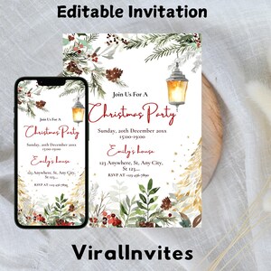 May include: A Christmas party invitation design, shown on a phone screen and a printed card. The invitation features festive illustrations of greenery, berries, and a lantern. The text includes party details and RSVP information.