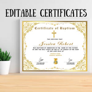 Plantilla de certificado de bautismo editable, certificado de bautismo, plantilla de Canva, recuerdo familiar, certificado de bautismo infantil personalizado en Canva