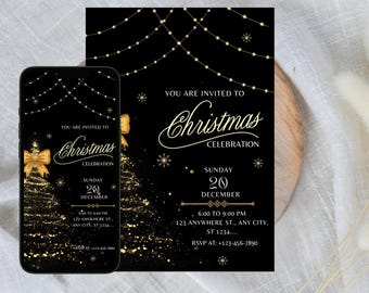 May include: Black Christmas invitation design with gold accents. The invitation features the text "You are invited to Christmas Celebration" and event details. A smartphone displays the invitation, alongside a printed version.