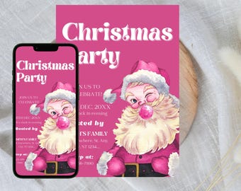 May include: A pink Christmas party invitation with a winking Santa Claus illustration. The invitation is displayed on a smartphone and a printed card. The text "Christmas Party" is prominent, with details about the event. The words "Editable Invitation" and "ViralInvites" are also visible.