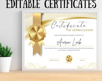 May include: A framed certificate with gold accents and the words "Certificate of Appreciation." The certificate includes the name "Aaron Lock" and the text "EDITABLE CERTIFICATES."