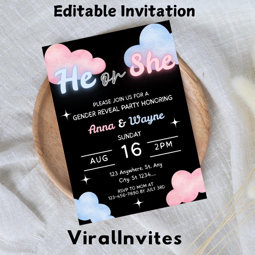 He or She Gender Reveal Invitation: Editable Pink & Blue Template - Etsy