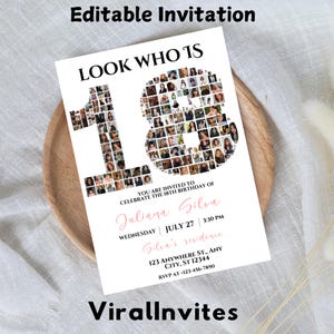 18th Birthday Invitation TEMPLATE with photo collage, Look Who's 18, Eighteenth Party Stationery, Black and White Minimalist, Modern Invite