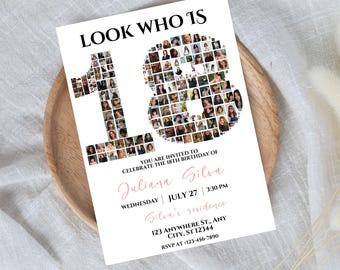 Plantilla de invitación para 18.º cumpleaños: collage de fotos, diseño minimalista (descarga digital)