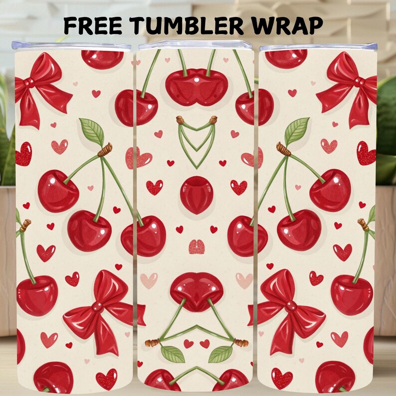 May include: A tumbler wrap featuring a repeating pattern of red cherries, bows, and hearts on a cream background. The text "FREE TUMBLER WRAP" is at the top. The design is suitable for a 20 oz tumbler.