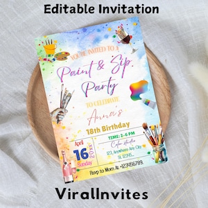 Sip and Paint Party Invitation,Editable Paint & Sip Party Invite,Wine and Paint Birthday Invite,Digital Sip and Paint Invite
