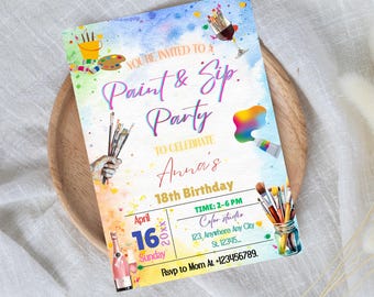 Bearbeitbare Sip and Paint Party Einladung (Digitaler Download)