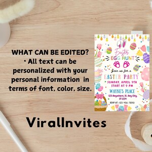 May include: Easter party invitation featuring illustrations of eggs, bunnies, and flowers. The invitation includes the text "Easter Egg Hunt" and event details. The text "What can be edited?" is also visible, indicating customisation options for font, colour, and size.