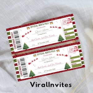 May include: Two Christmas tickets with a red and green design. The tickets read "Official North Pole" and "Meet Santa And His Friends." Each ticket has a barcode, a Christmas tree, and a Santa Claus graphic.