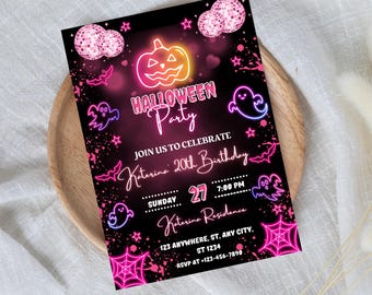 May include: A black Halloween party invitation with neon pink and orange accents. The invitation features a pumpkin, ghosts, bats, and disco balls. Text includes "Halloween Party", "Katerina's 20th Birthday", and contact information. The text "Editable Invitation" and "ViralInvites" are also present.