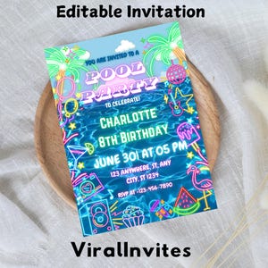 Pool Party Invitation, Text Invitation, Iphone Invitation, Neon Evite, Summer Swimming Pool Party sms Smartphone, Printable Invite