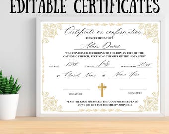 Plantilla editable de certificado de confirmación católica: Sacramento personalizado (Canva PDF)