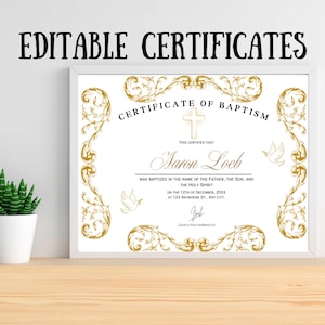 Plantilla de certificado de bautismo editable / Certificado de bautismo imprimible / Certificado de dedicación / Plantilla de Canva