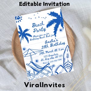 Strand-Geburtstags-Einladung Handgezeichnete Illustrierte Disco Strand-Party einladen, Handgeschriebener Küsten-Nautik-Geburtstags-Einladung Sommer Tropisch
