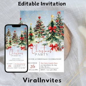 Puede incluir: Una invitación a una fiesta de Navidad con árboles de Navidad en acuarela, lazos rojos y detalles dorados. La invitación se muestra en un teléfono inteligente y una tarjeta impresa. El texto dice "Christmas Party" e incluye detalles del evento.
