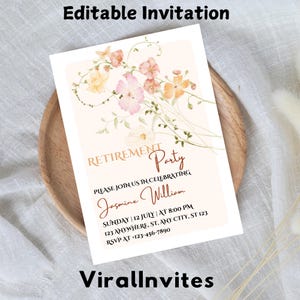 Convite para festa de aposentadoria no jardim, convite para festa de aposentadoria de verão, modelo autoeditável do Canva para download instantâneo