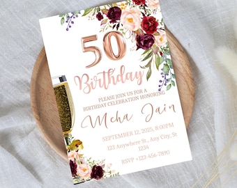 Floral Birthday Invitation Template: Blush Pink, Editable (Digital Download)
