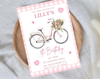 Pastel Bicycle Birthday Invitation: Vintage Girl Bike Party (Digital Download, Canva Template)